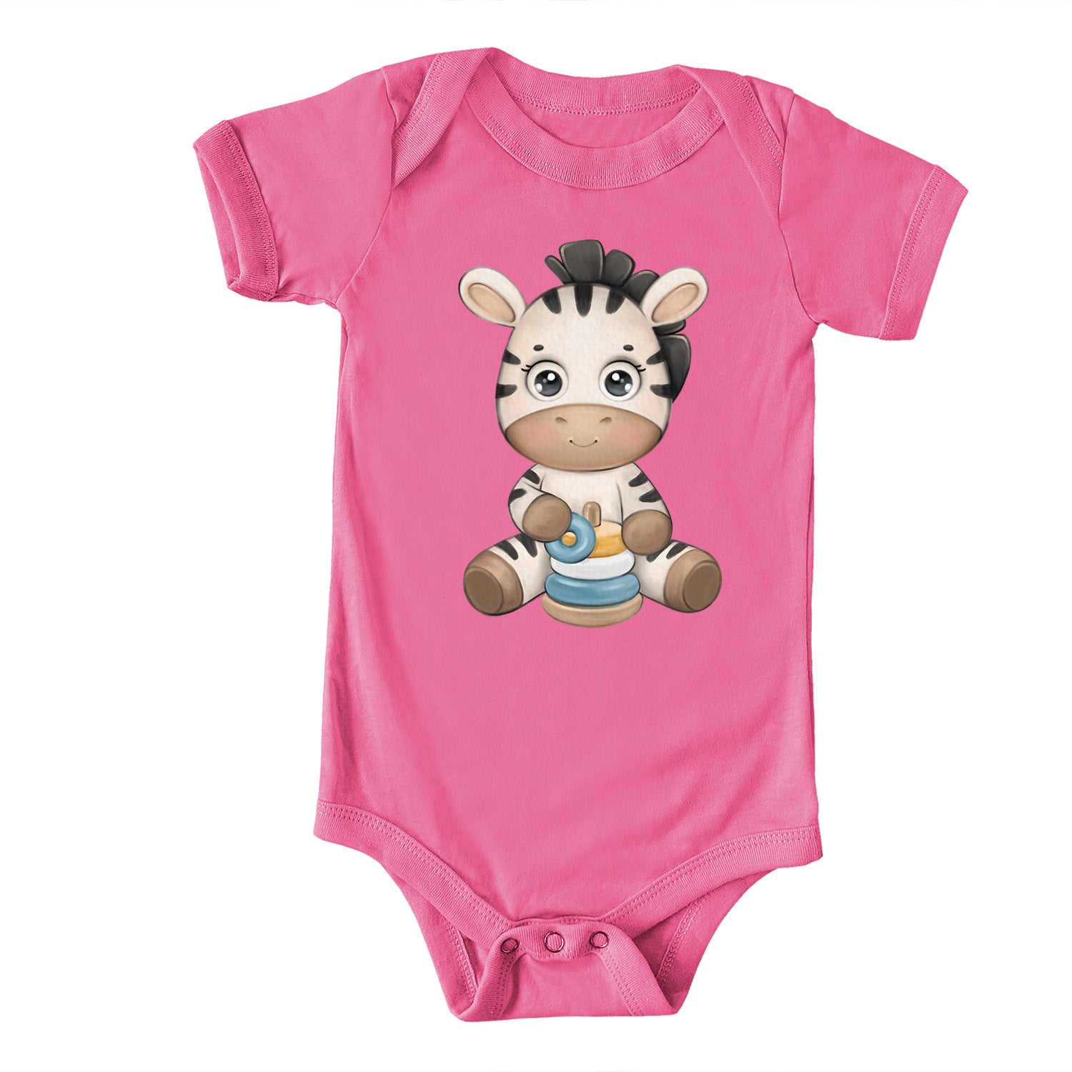 A cute Baby Zebra Onesie featuring a vibrant zebra print, designed for comfort and style for infants.