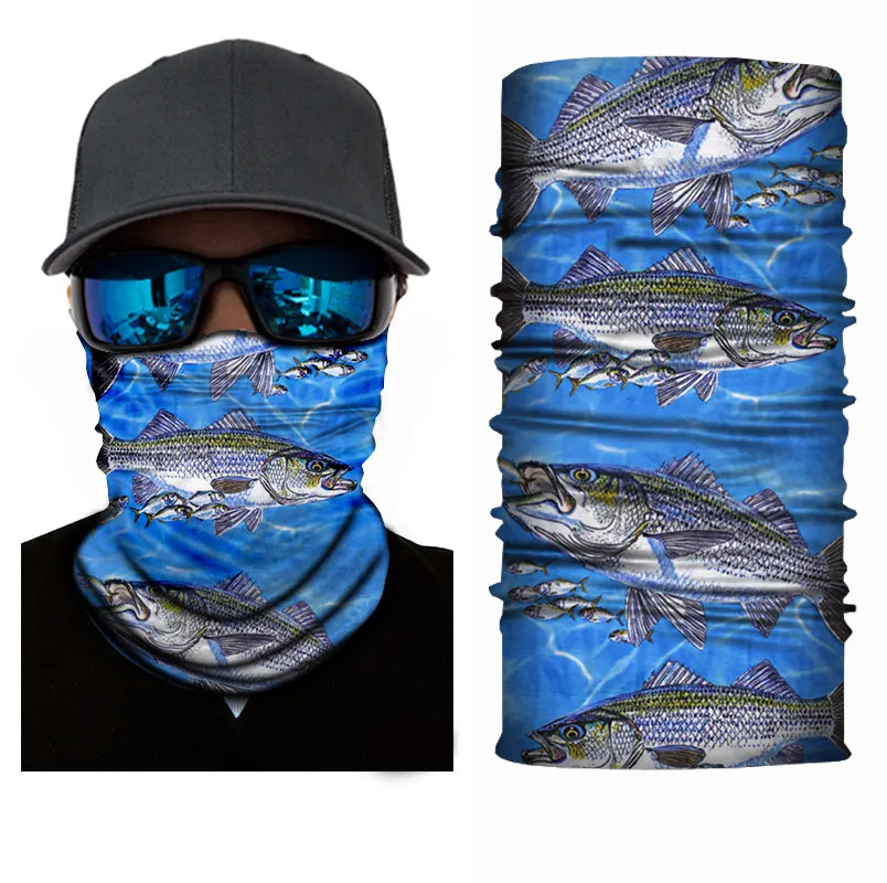 Bass Fish Neck Gaiter Face Mask featuring seamless design and vibrant fish patterns, perfect for outdoor activities.