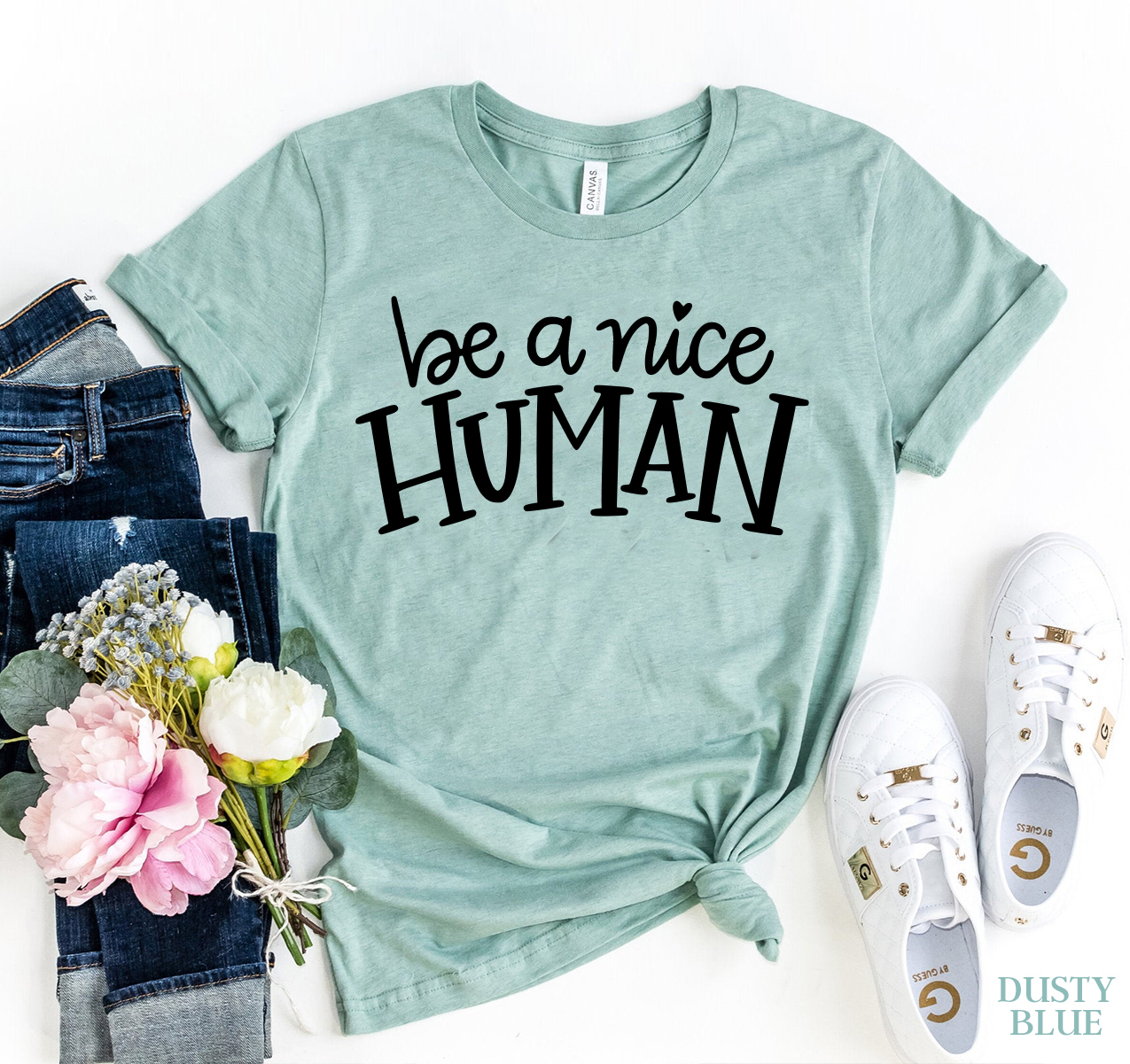 Be A Nice Human T-shirt made of premium ring spun cotton with a soft feel and high-quality flex print design.