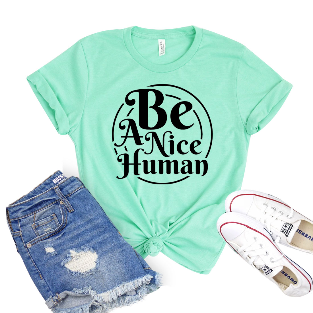 Be A Nice Human T-shirt displayed on a mannequin, showcasing its unisex design and soft fabric.