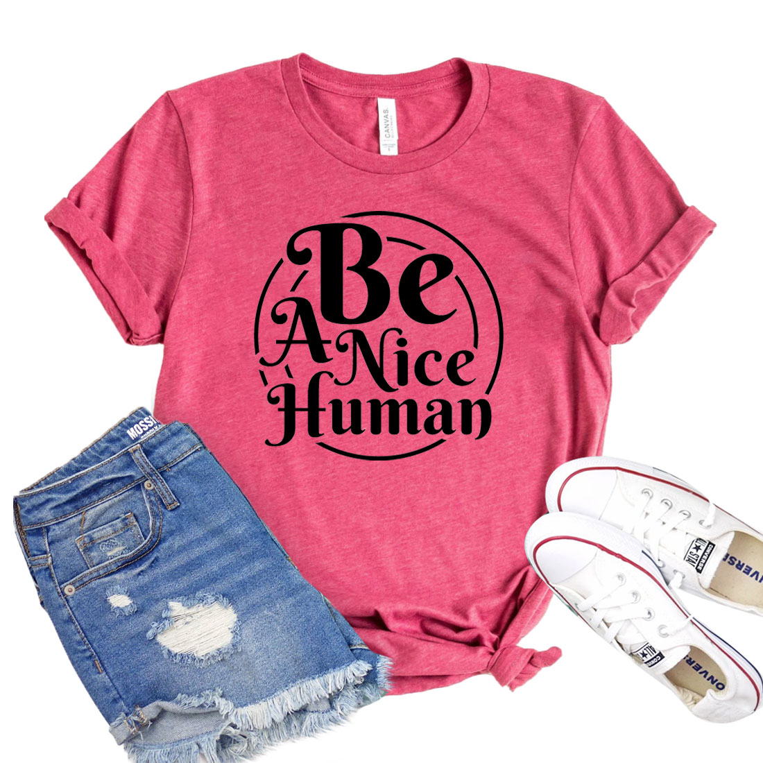 Be A Nice Human T-shirt displayed on a mannequin, showcasing its unisex design and soft fabric.