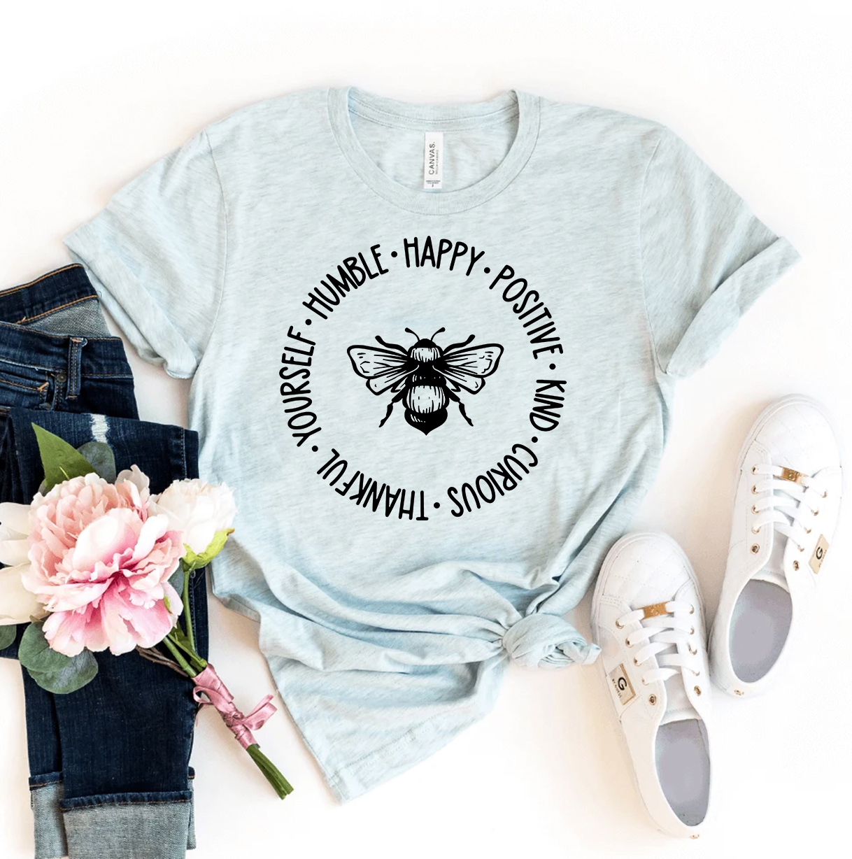 Bee Humble T-shirt made of premium ring spun cotton with a soft textile flex print design.