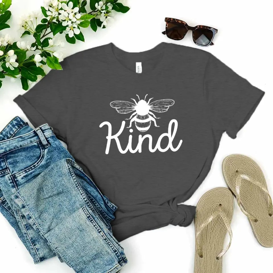 Bee Kind T-shirt featuring a cute bee design, made from soft Ringspun Cotton, perfect for casual wear.