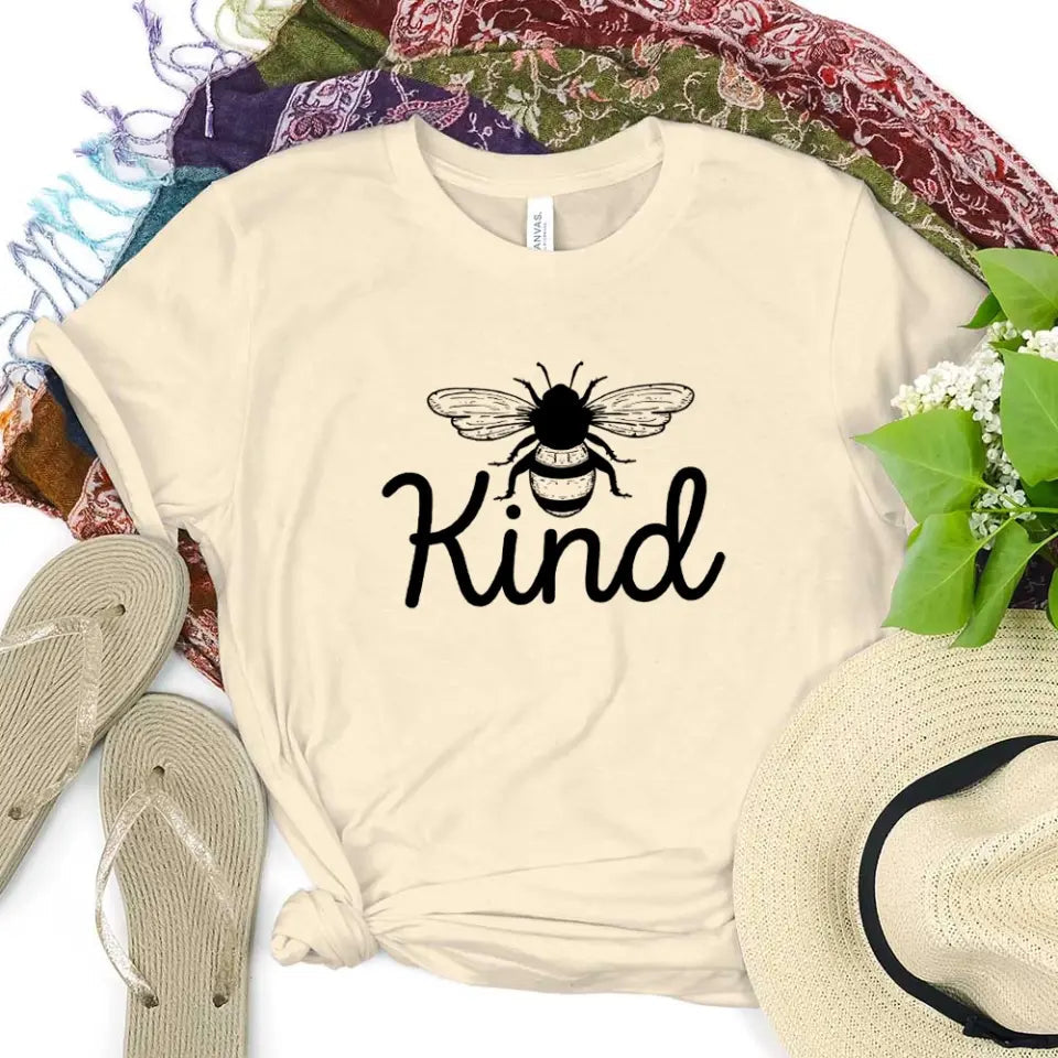 Bee Kind T-shirt featuring a cute bee design, made from soft Ringspun Cotton, perfect for casual wear.