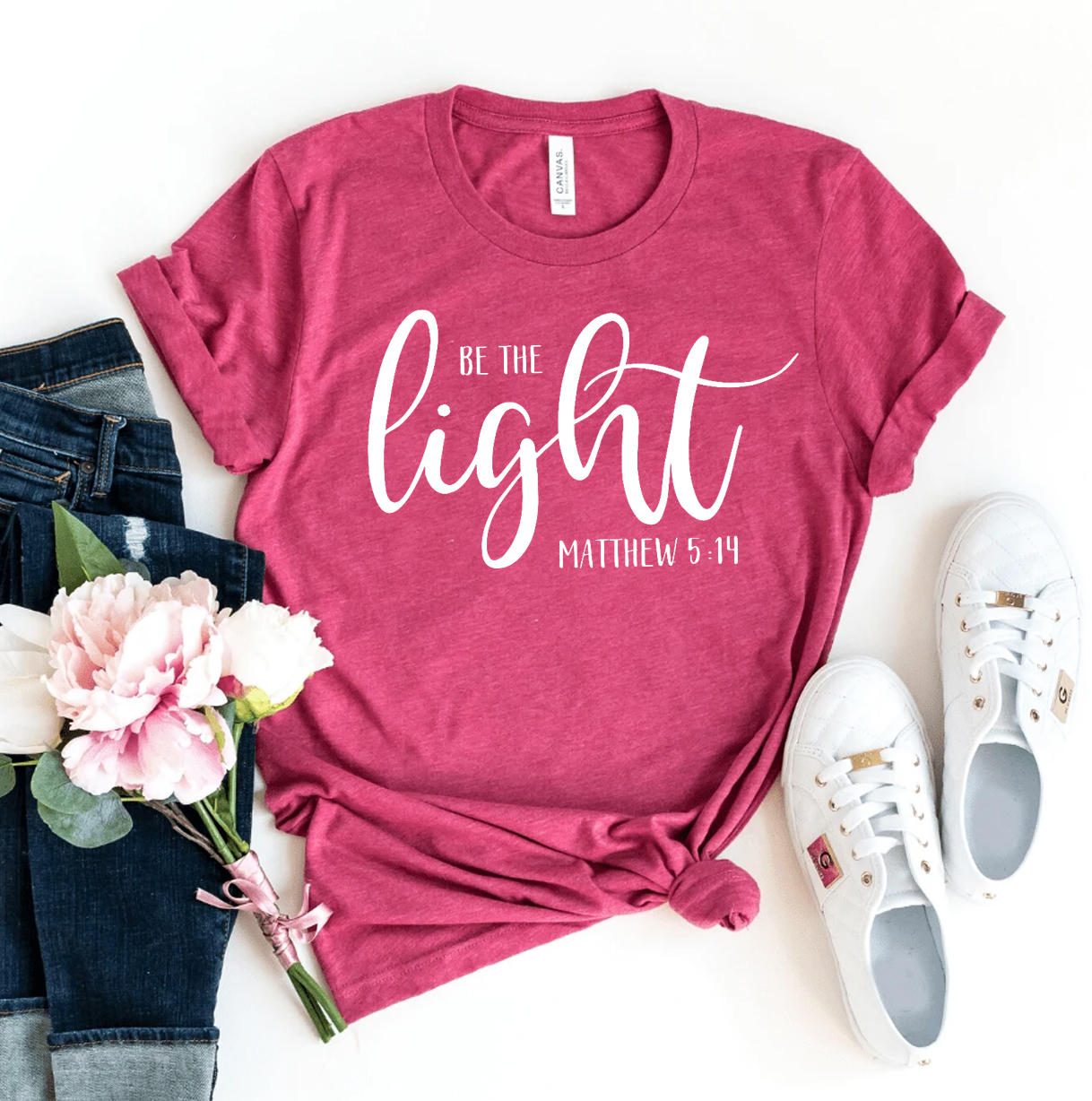 Be The Light T-shirt made from premium ring spun cotton, featuring a soft textile flex print design.