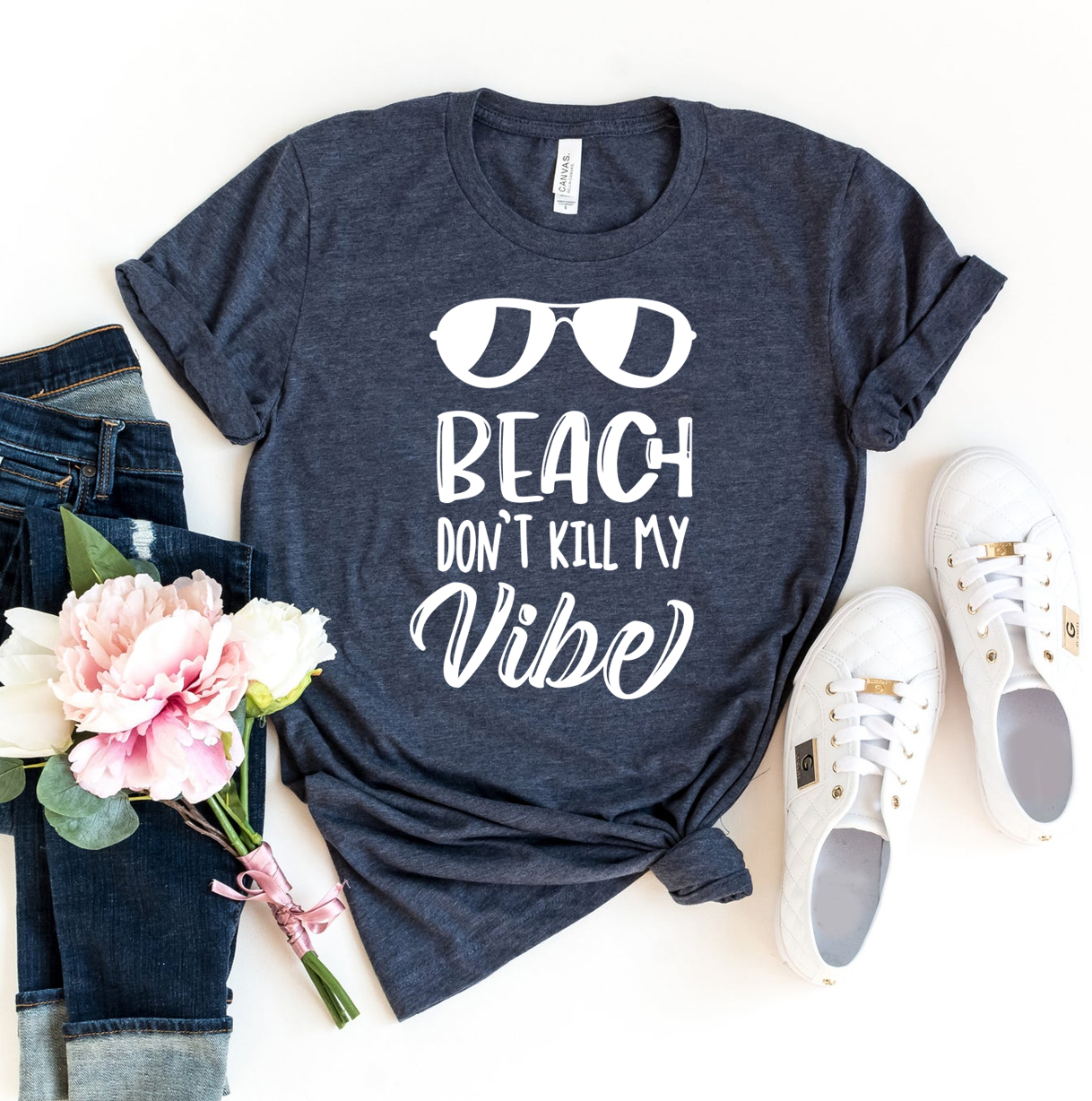 A stylish Beach Don't Kill My Vibe T-shirt made from premium ring spun cotton, featuring a vibrant flex print design.