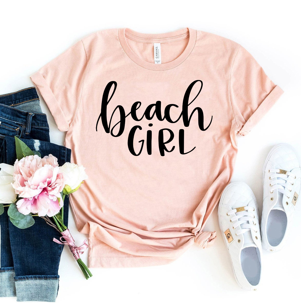 A stylish Beach Girl T-shirt made from premium ring spun cotton, featuring a vibrant design and available in various sizes.