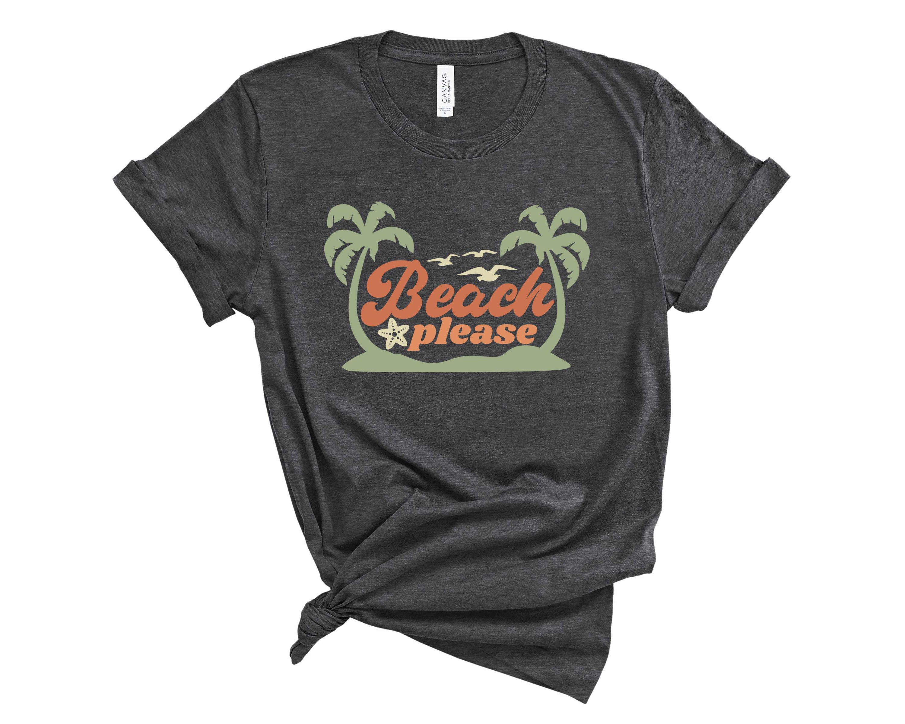 A stylish unisex graphic tee featuring the phrase 'Beach Please' in vibrant colors, perfect for summer outings.