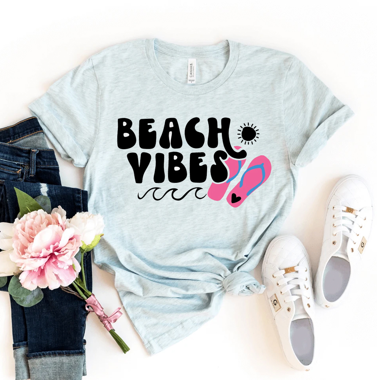 A stylish Beach Vibes T-shirt made of premium ring spun cotton, featuring a vibrant flex print design, available in various sizes.