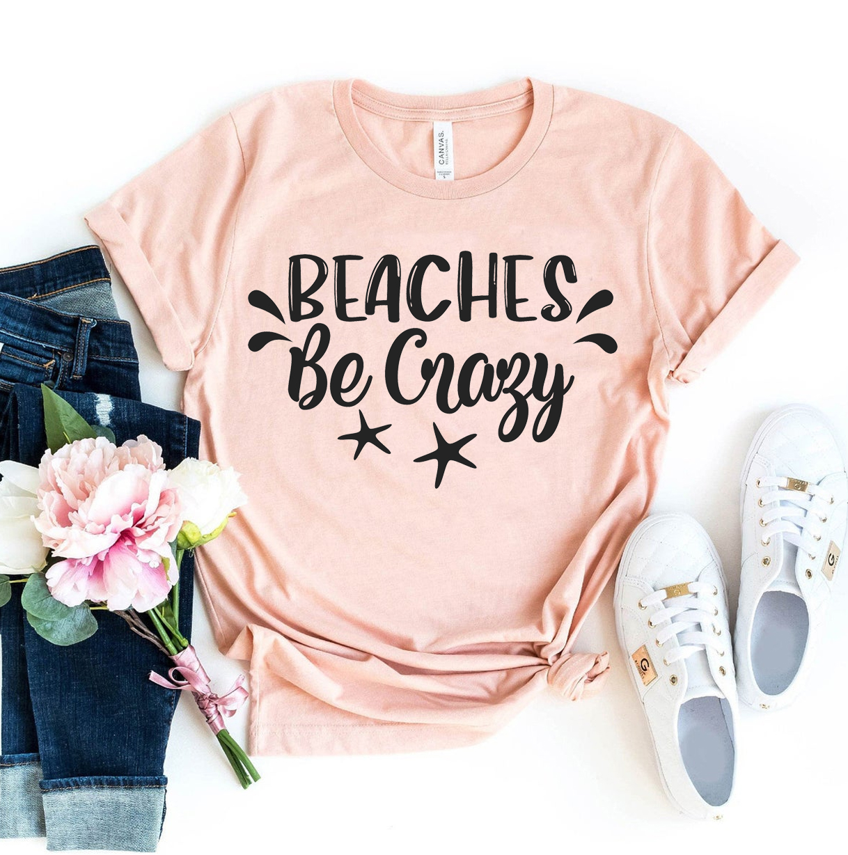 Beaches Be Crazy T-shirt made of premium ring spun cotton, featuring a vibrant design and available in various sizes.