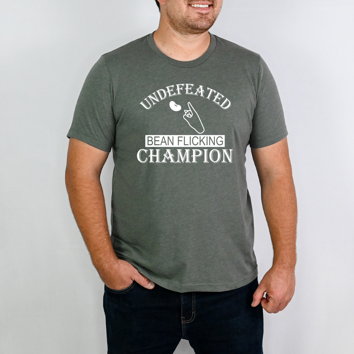 Bean Flicking Champion Unisex T-shirt featuring a humorous graphic design, perfect for casual wear.