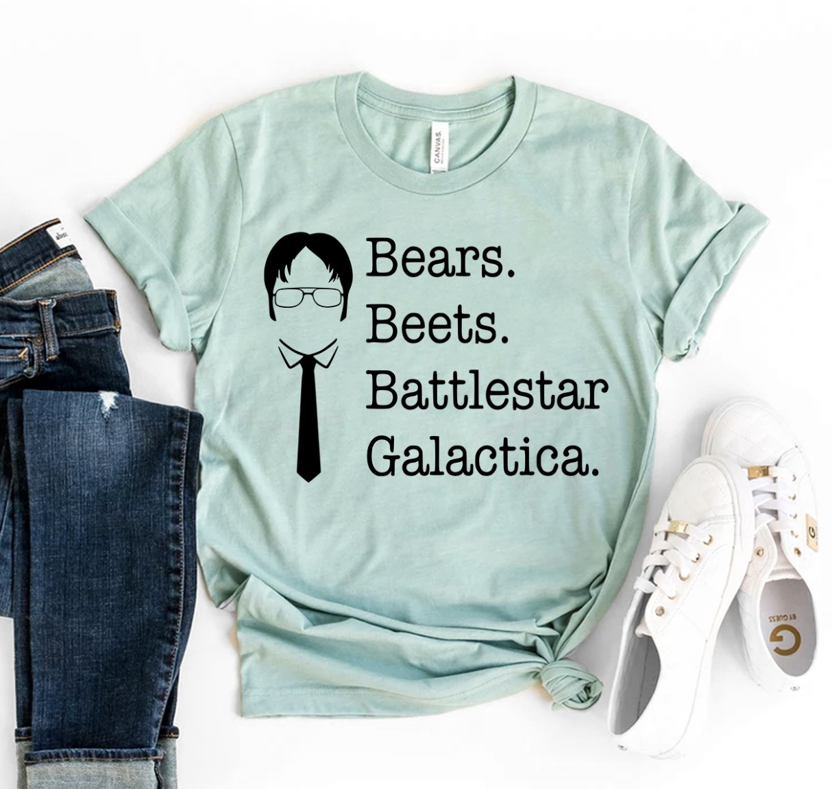 Bears Beets Battlestar Galactica T-shirt made from premium cotton with a vibrant flex print design.