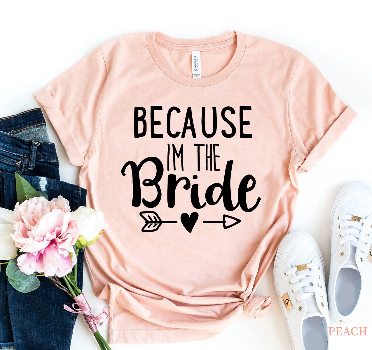 Because I Am The Bride T-shirt made of premium ring spun cotton, featuring a stylish flex print design, available in various sizes.