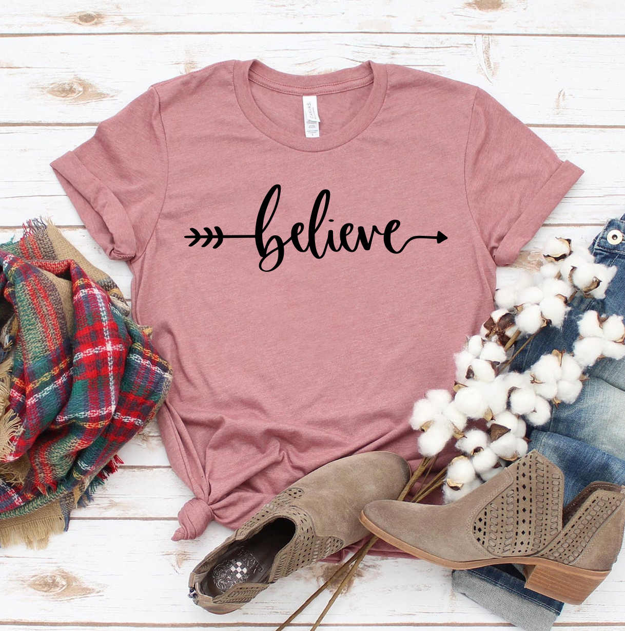 A stylish Believe T-shirt made from premium ring spun cotton, featuring a soft textile flex print design.