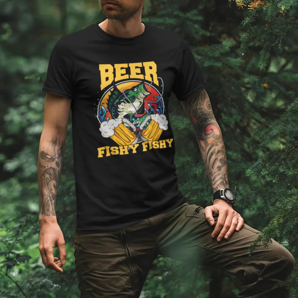 Beer Fishy Fishy 2 Man T-Shirt featuring a unique graphic design, made from soft ringspun cotton, perfect for casual wear.