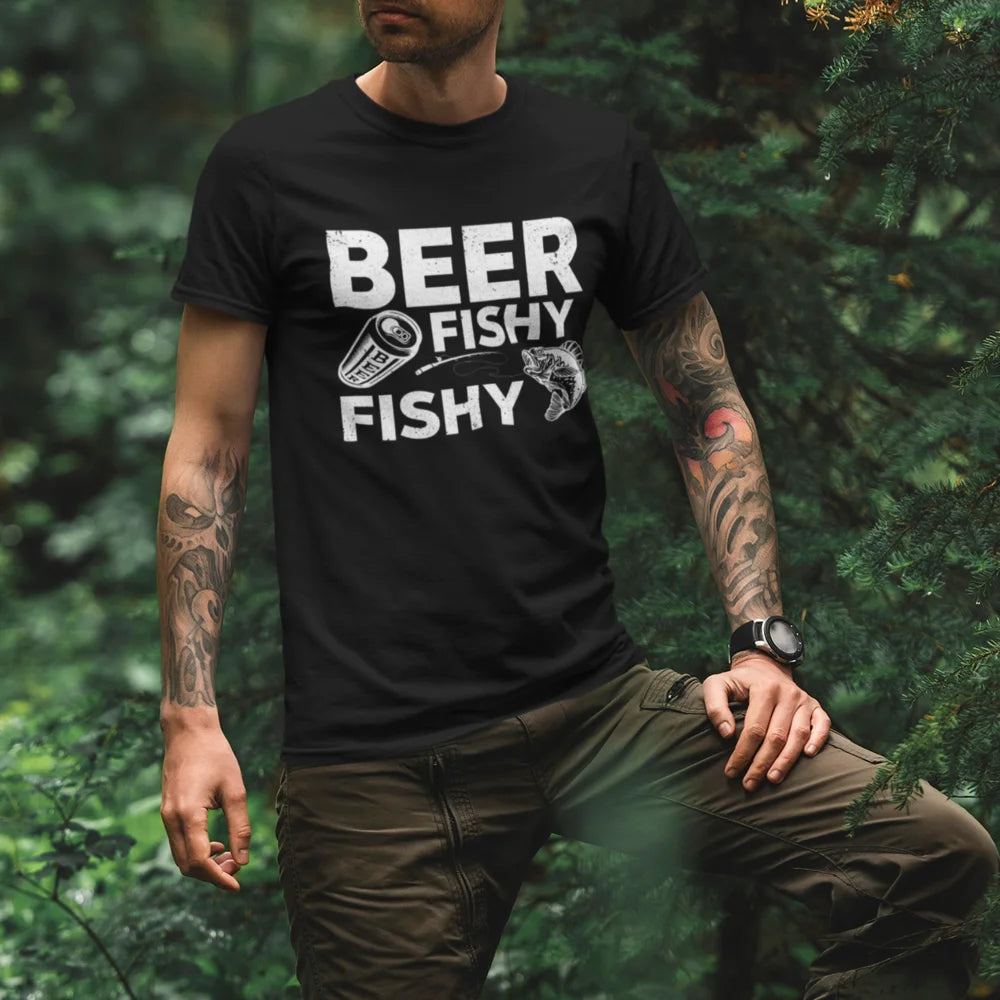 Beer Fishy Fishy Man T-Shirt featuring a fun design, made from 100% Ringspun Cotton, perfect for casual wear.