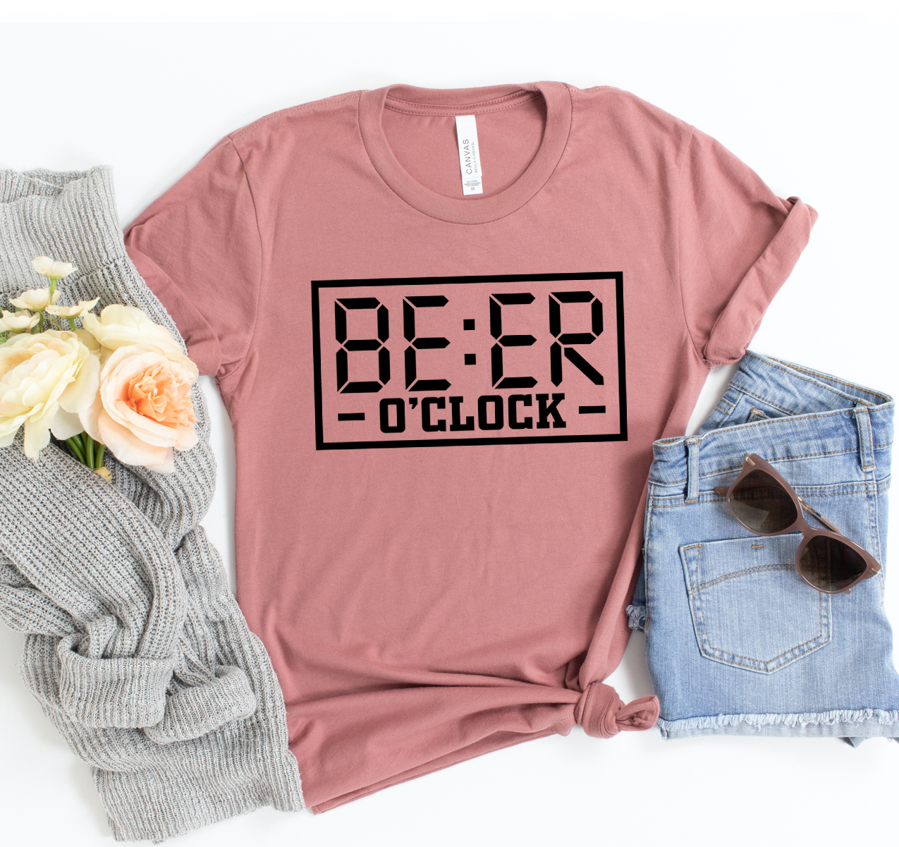 Beer 'O' Clock T-shirt displayed on a mannequin, showcasing its unisex design and soft fabric.