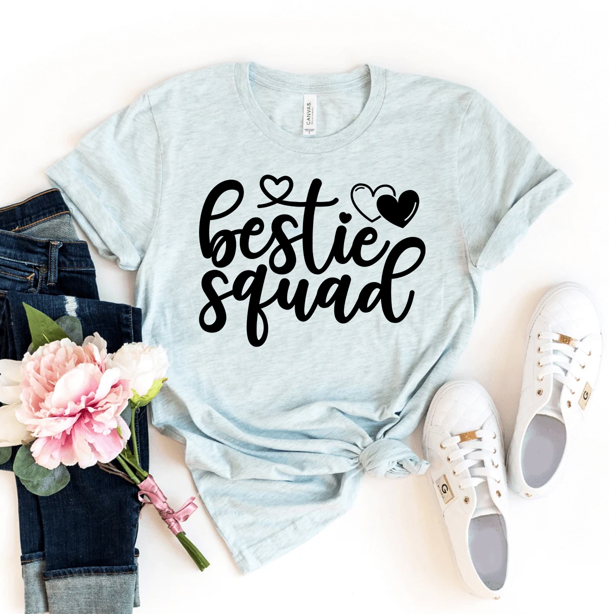 Bestie Squad T-shirt made of premium ring spun cotton with vibrant flex print design, available in various sizes.