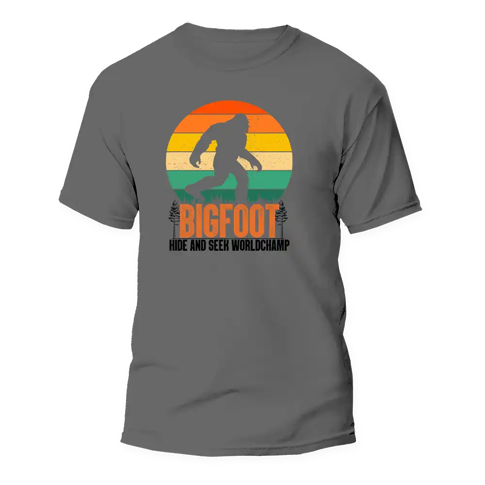 Bigfoot Hide And Seek Man T-Shirt featuring a playful Bigfoot design on a comfortable cotton fabric.