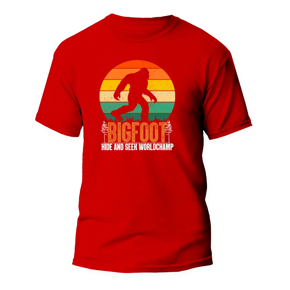 Bigfoot Hide And Seek Man T-Shirt featuring a playful Bigfoot design on a comfortable cotton fabric.