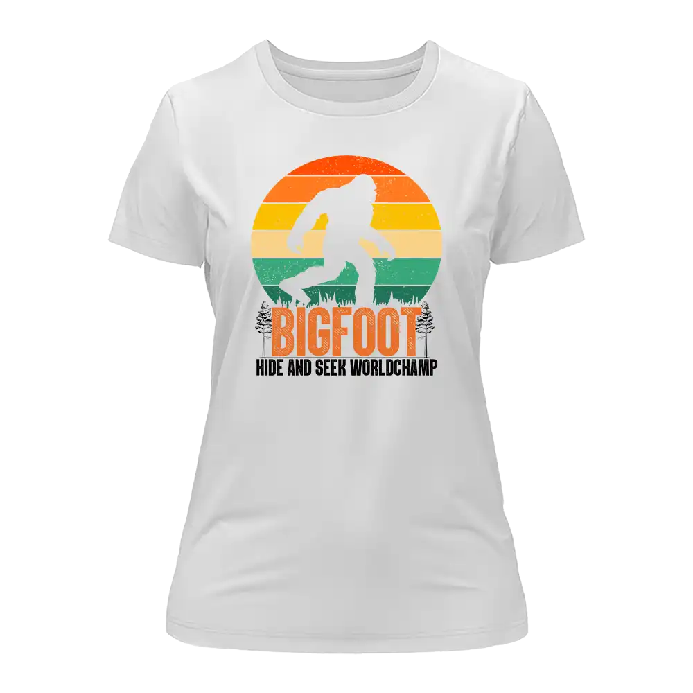 A stylish women's t-shirt featuring a playful Bigfoot design, perfect for casual wear and conversation starters.