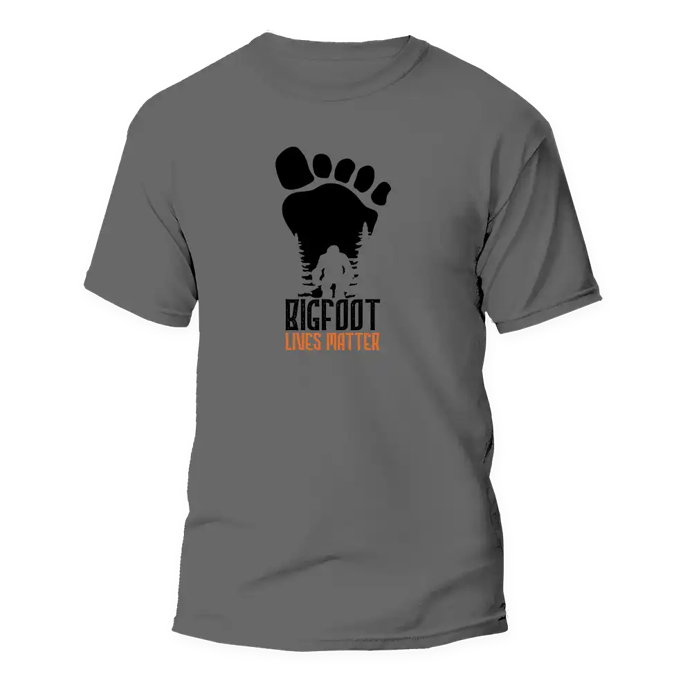 Bigfoot Lives Matter Man T-Shirt featuring a unique design on a comfortable ringspun cotton fabric.