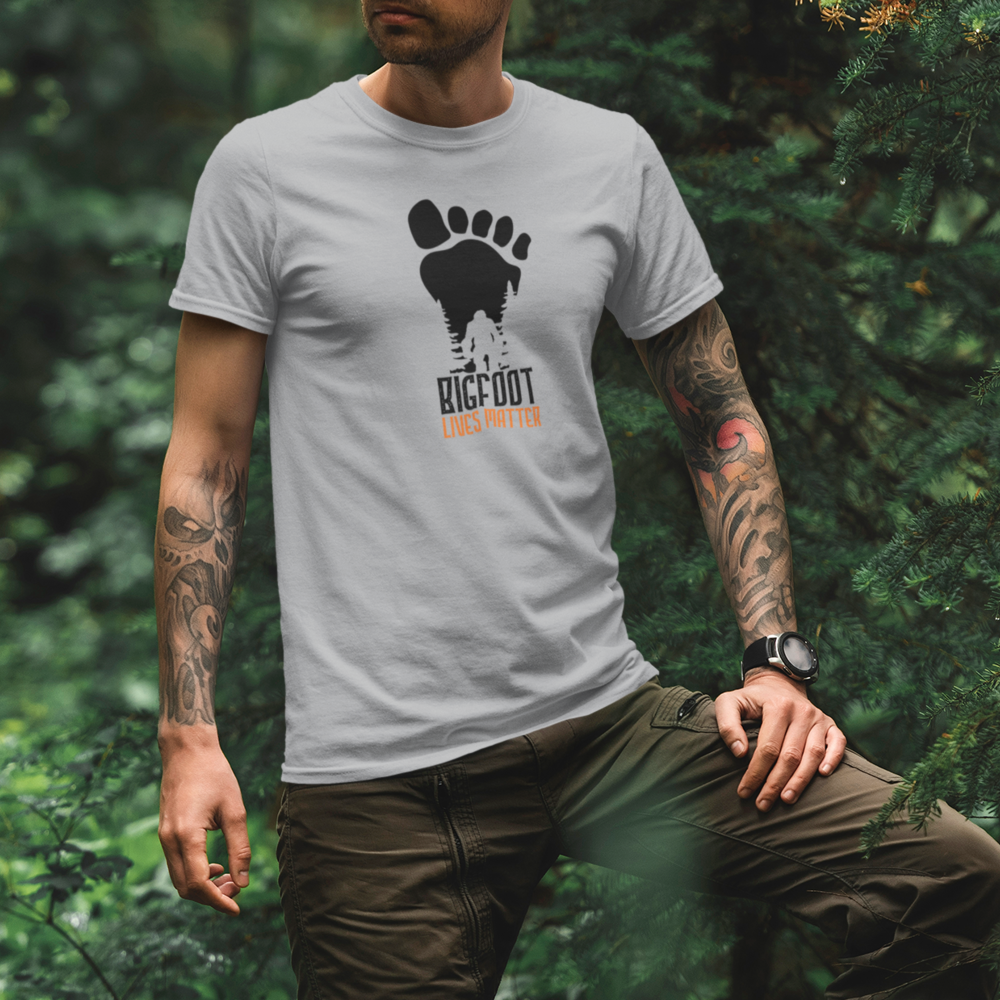 Bigfoot Lives Matter Man T-Shirt featuring a unique design on a comfortable ringspun cotton fabric.