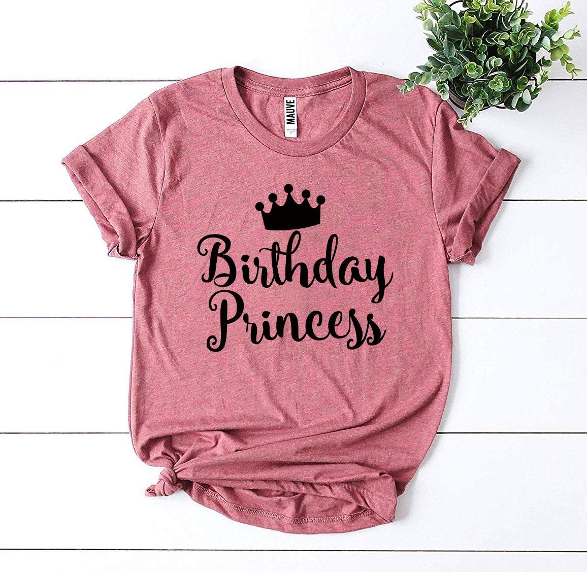 A stylish Birthday Princess T-shirt made from premium ring spun cotton, featuring a vibrant flex print design, available in various sizes.