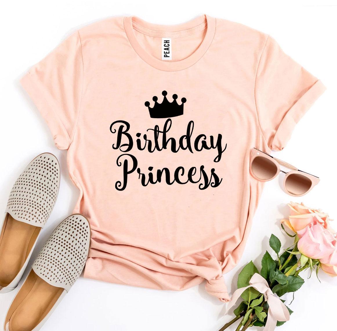 A stylish Birthday Princess T-shirt made from premium ring spun cotton, featuring a vibrant flex print design, available in various sizes.