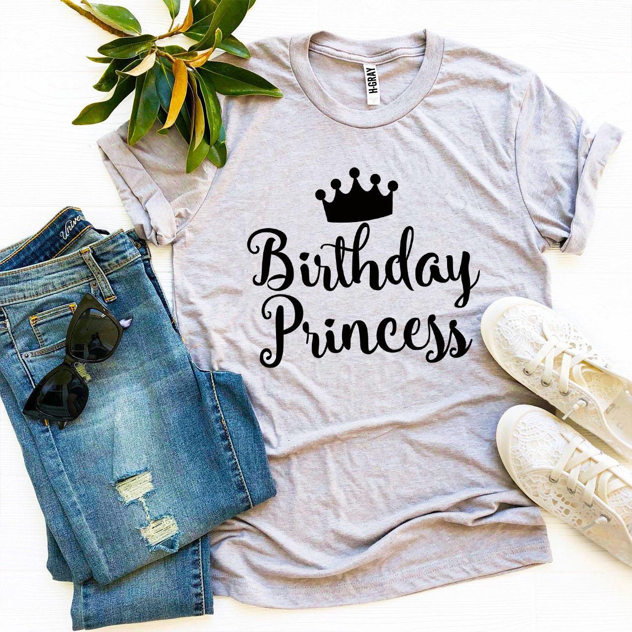 A stylish Birthday Princess T-shirt made from premium ring spun cotton, featuring a vibrant flex print design, available in various sizes.