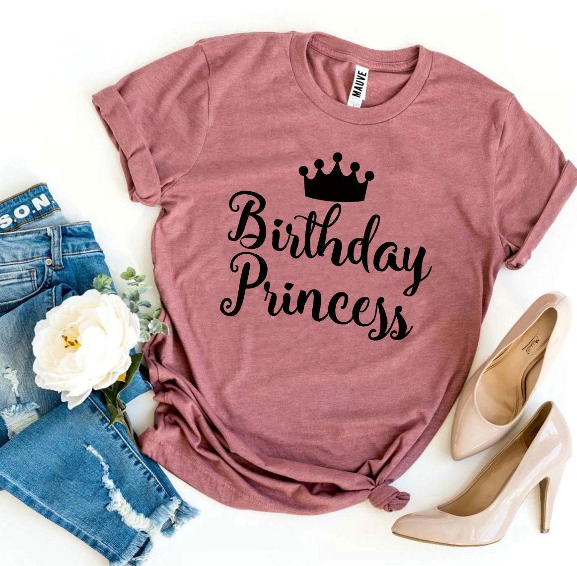 A stylish Birthday Princess T-shirt made from premium ring spun cotton, featuring a vibrant flex print design, available in various sizes.