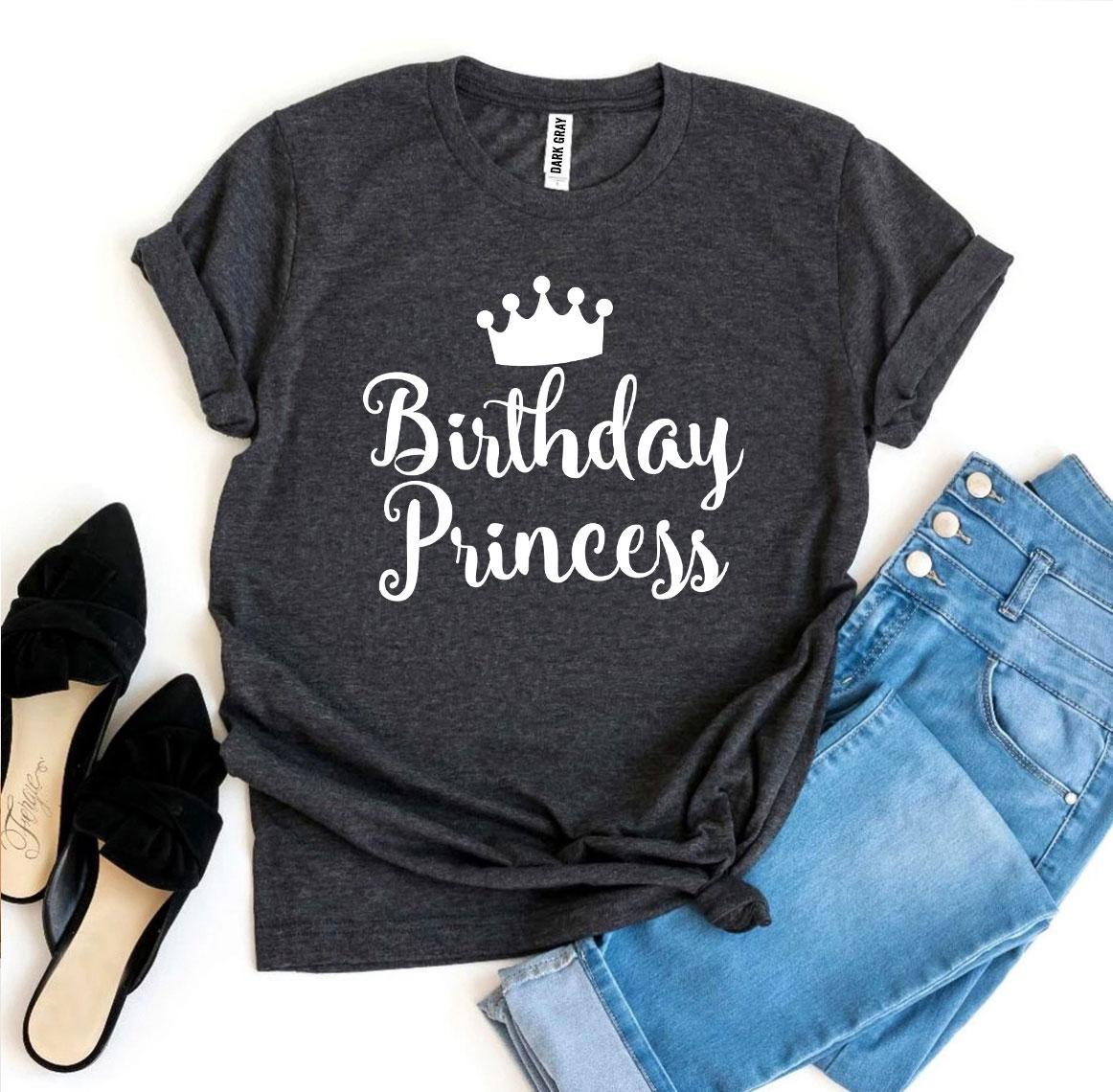 A stylish Birthday Princess T-shirt made from premium ring spun cotton, featuring a vibrant flex print design, available in various sizes.