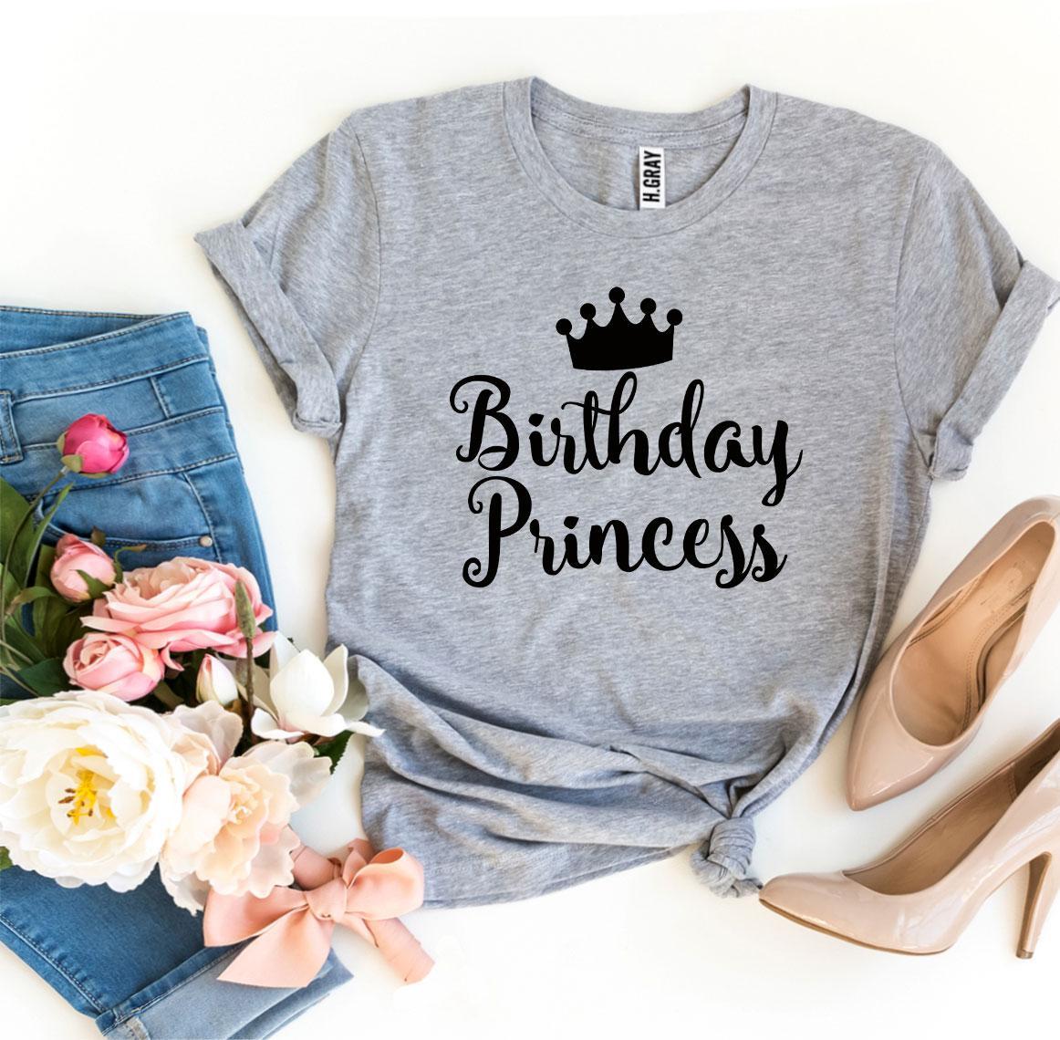 A stylish Birthday Princess T-shirt made from premium ring spun cotton, featuring a vibrant flex print design, available in various sizes.