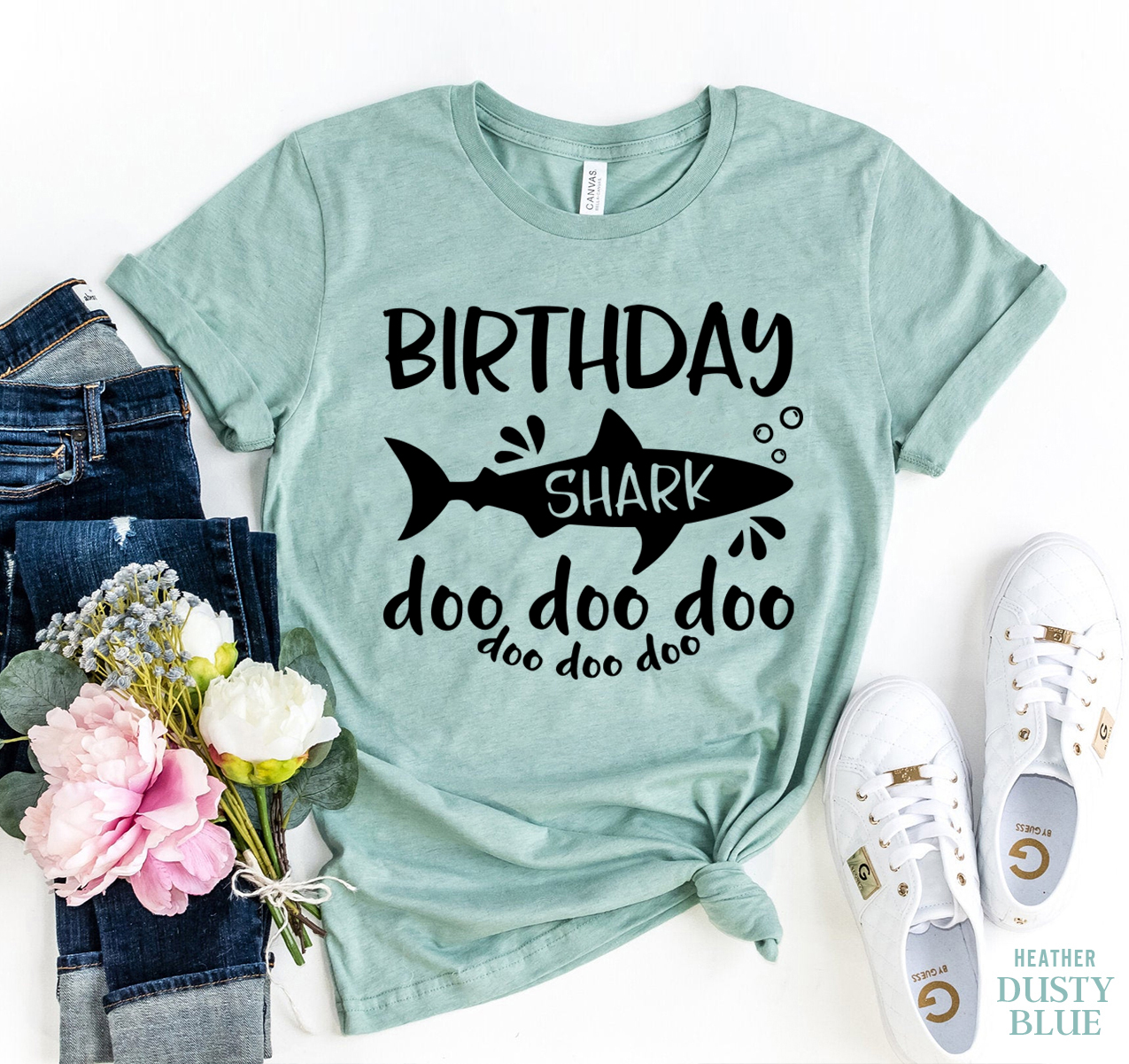 Birthday Shark T-shirt made of premium ring spun cotton with vibrant print, available in various sizes.