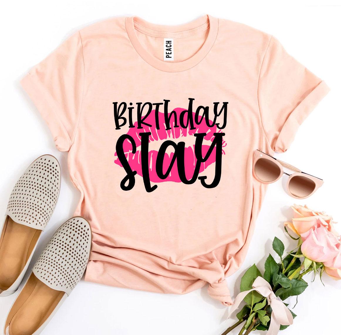 Birthday Slay T-shirt made of premium ring spun cotton with stylish flex print design, available in various sizes.