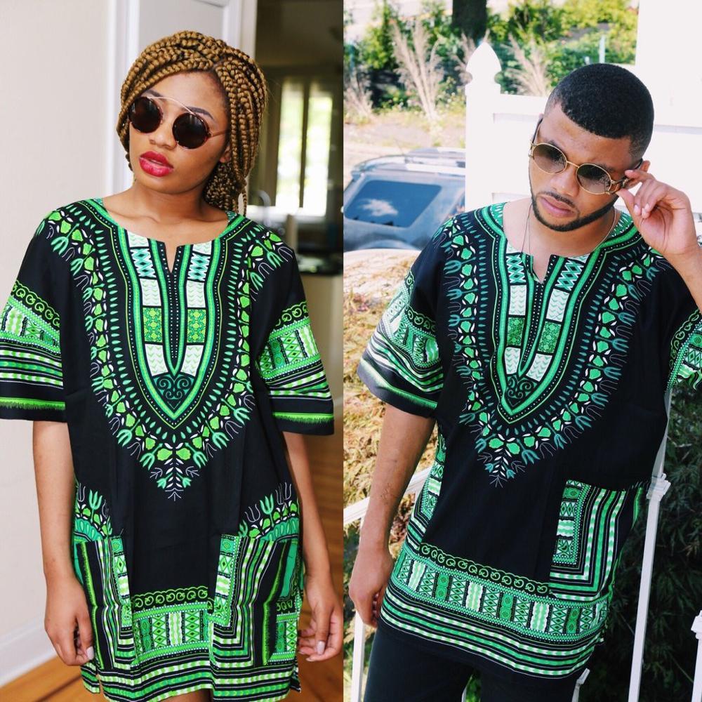 Black African Dashiki Shirt made of 100% cotton with green accents, showcasing a unique design suitable for festivals and casual wear.