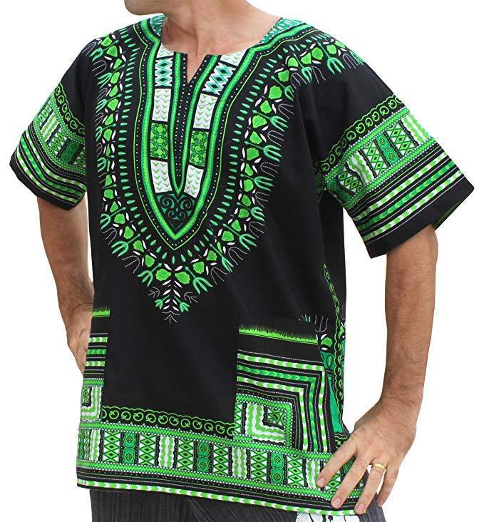 Black African Dashiki Shirt made of 100% cotton with green accents, showcasing a unique design suitable for festivals and casual wear.