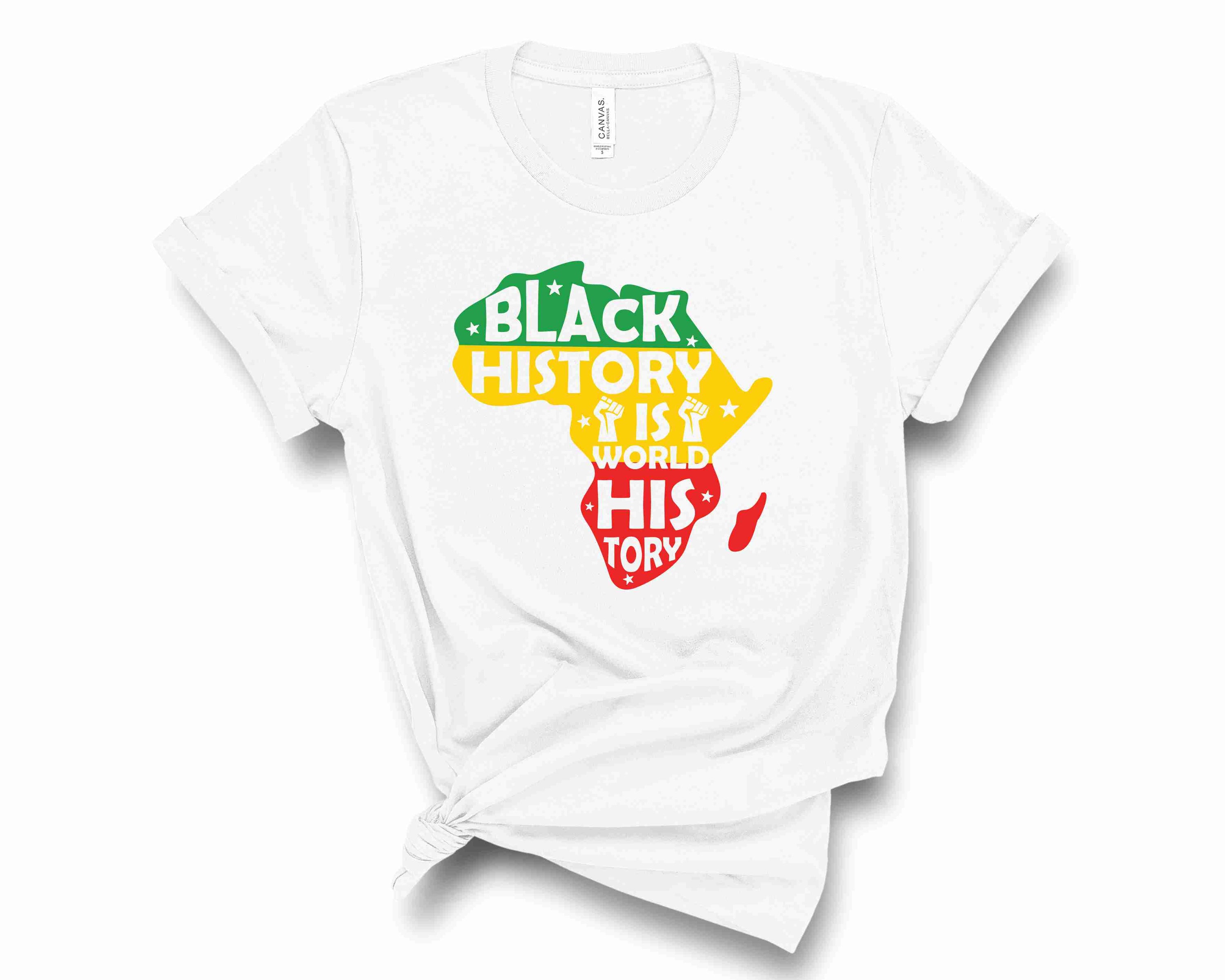 Black History is World History graphic tee featuring bold text on a unisex t-shirt.