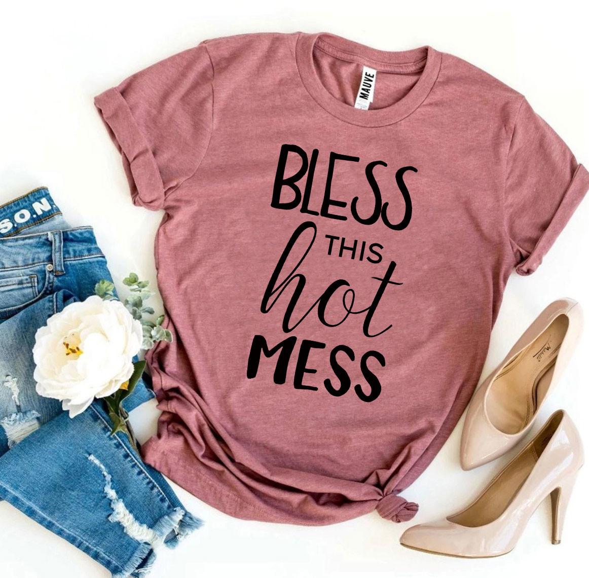 Bless This Hot Mess T-shirt made of premium ring spun cotton with a stylish design and soft textile flex print.