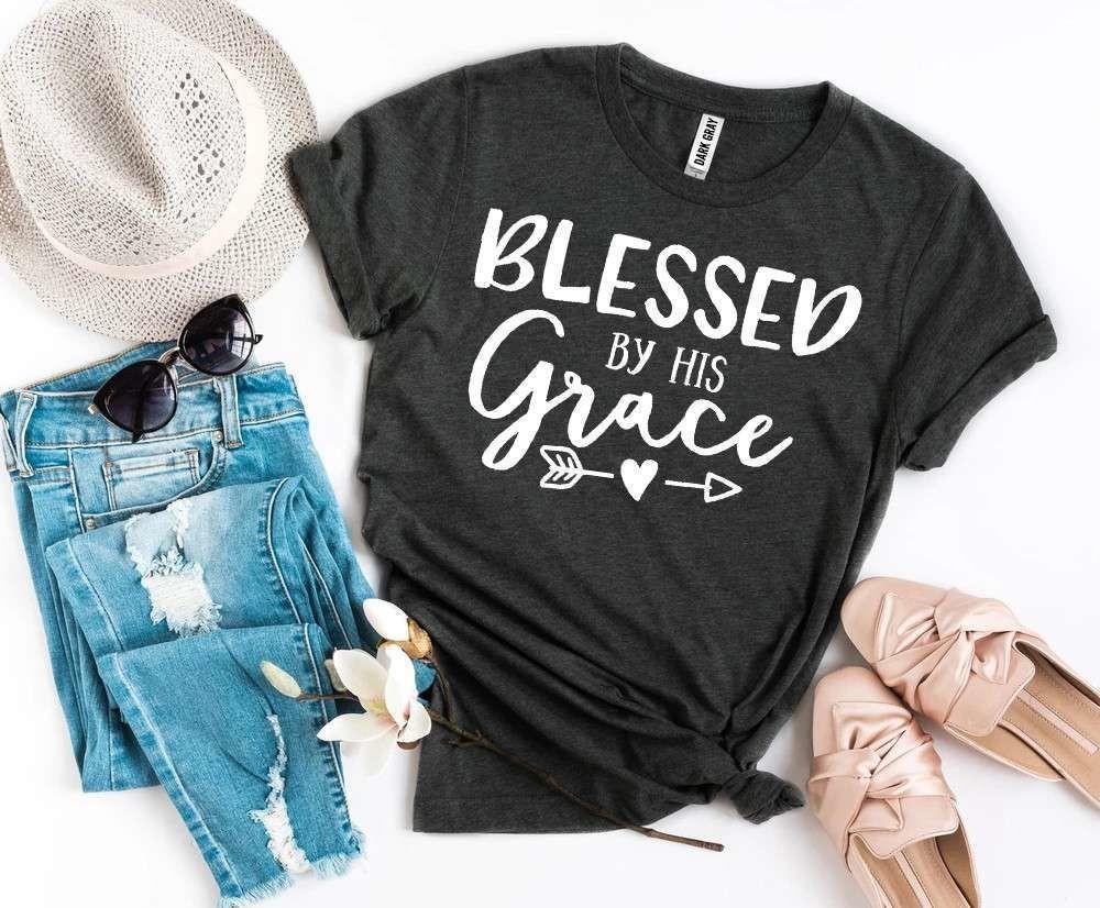 Blessed By His Grace T-shirt made of premium ring spun cotton with a soft textile flex print design.