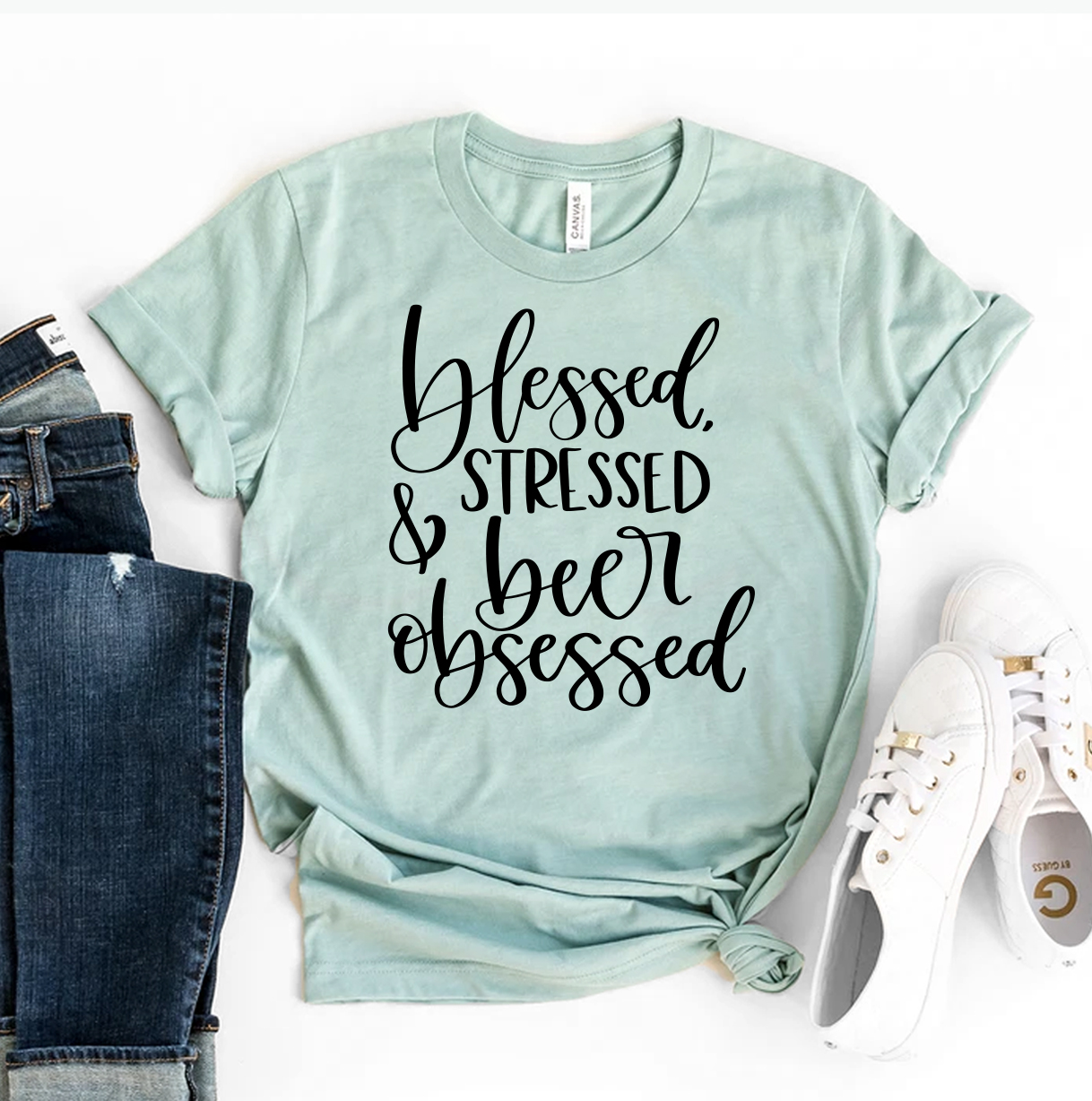 Blessed Stressed & Beer Obsessed T-shirt made from premium ring spun cotton with a humorous print.