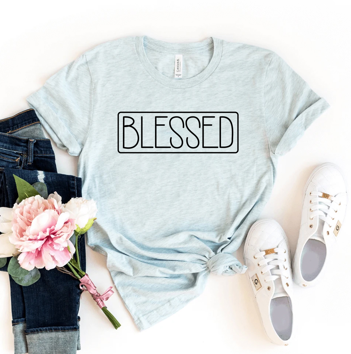 A stylish Blessed T-shirt made from premium ring spun cotton, featuring a soft textile flex print design.