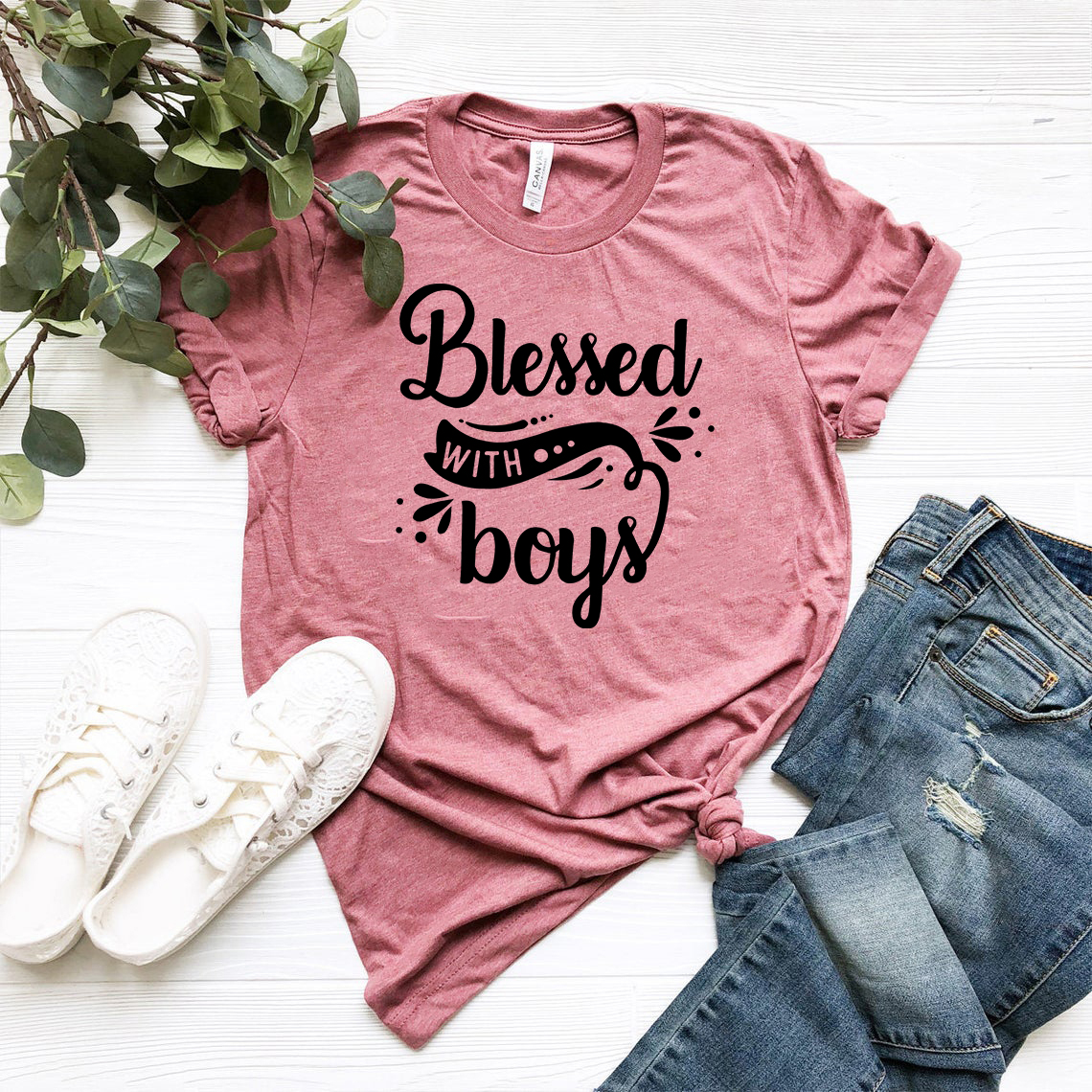 A unisex Blessed With Boys Shirt made from soft ring spun cotton, available in multiple colors and sizes, featuring a classic crew neck and short sleeves.