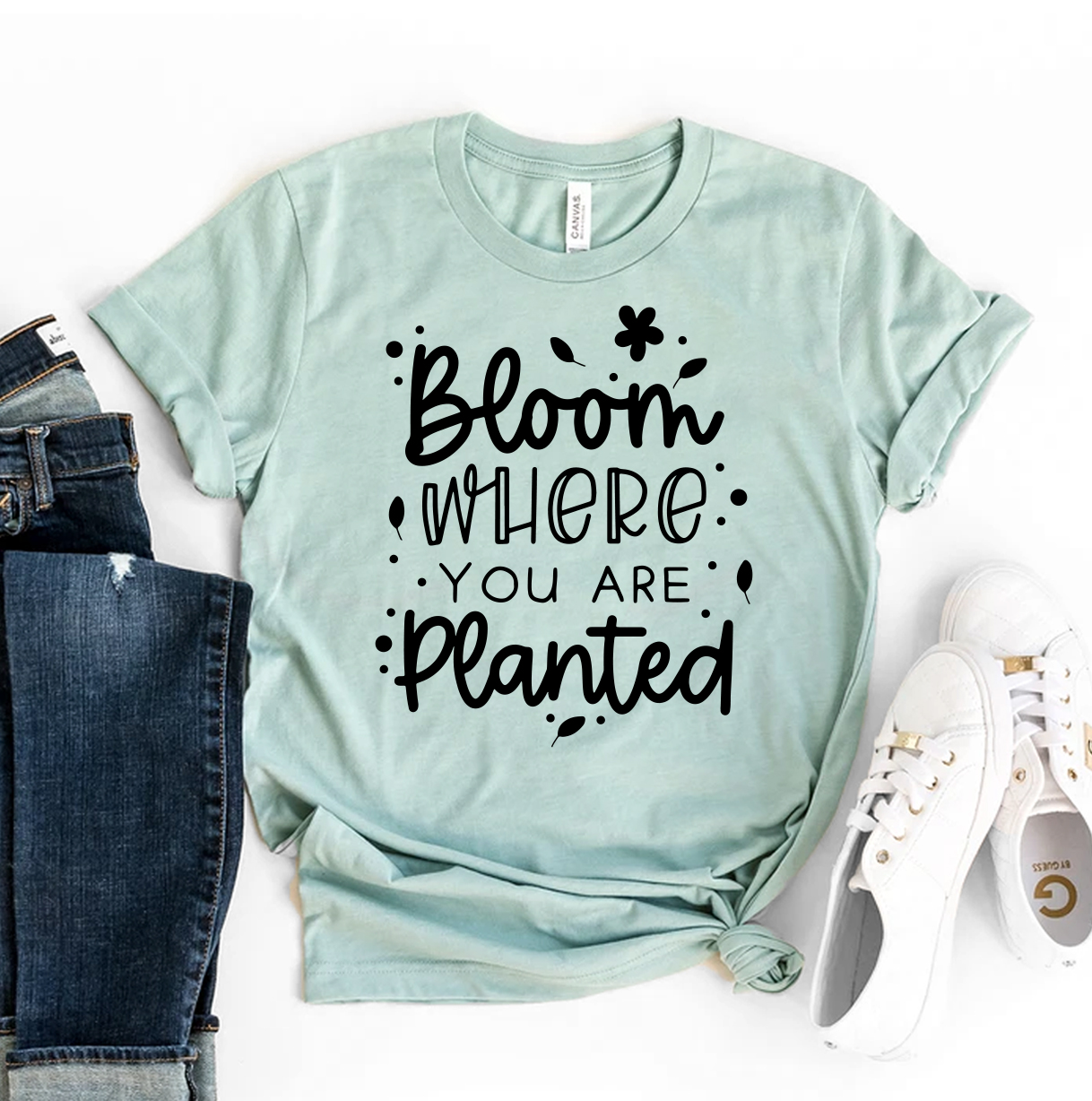 Bloom Where You Are Planted T-shirt made of premium ring spun cotton, featuring a vibrant flex print design.