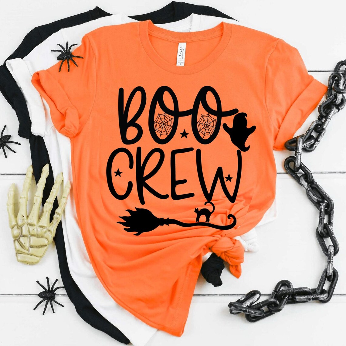 Boo Crew Halloween T-shirt made of premium ring spun cotton with a vibrant flex print design, available in various sizes.