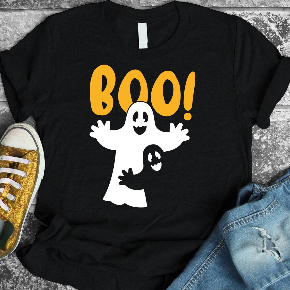 Boo Halloween T-shirt made of premium ring spun cotton with a fun Halloween design, available in various sizes.