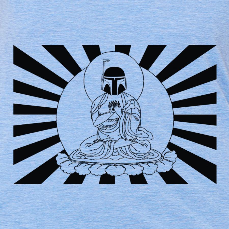 Boba Fett Buddha graphic tee featuring a unique design combining Boba Fett and Buddha imagery.