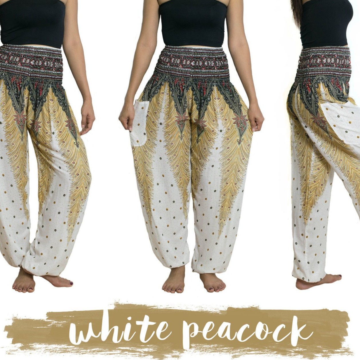 A pair of handmade Bohemian African pants made from soft rayon, featuring an elasticated waistband and a vibrant, colorful pattern.