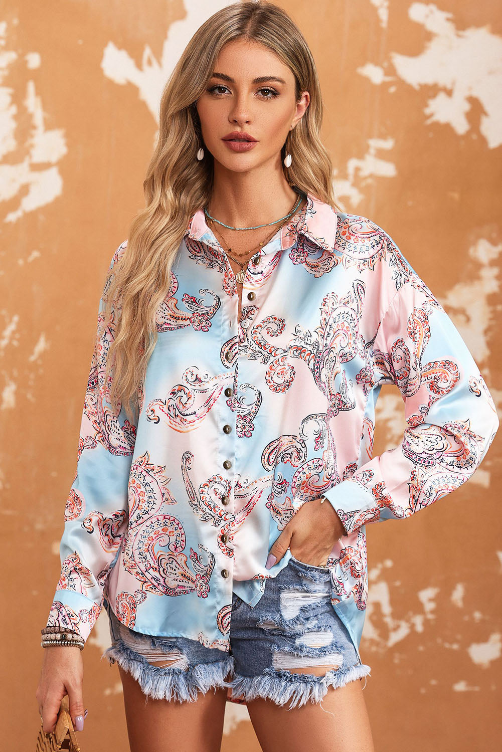 A stylish Boho Print Lantern Sleeve Shirt featuring elegant lantern sleeves and a vintage Paisley print, perfect for various occasions.