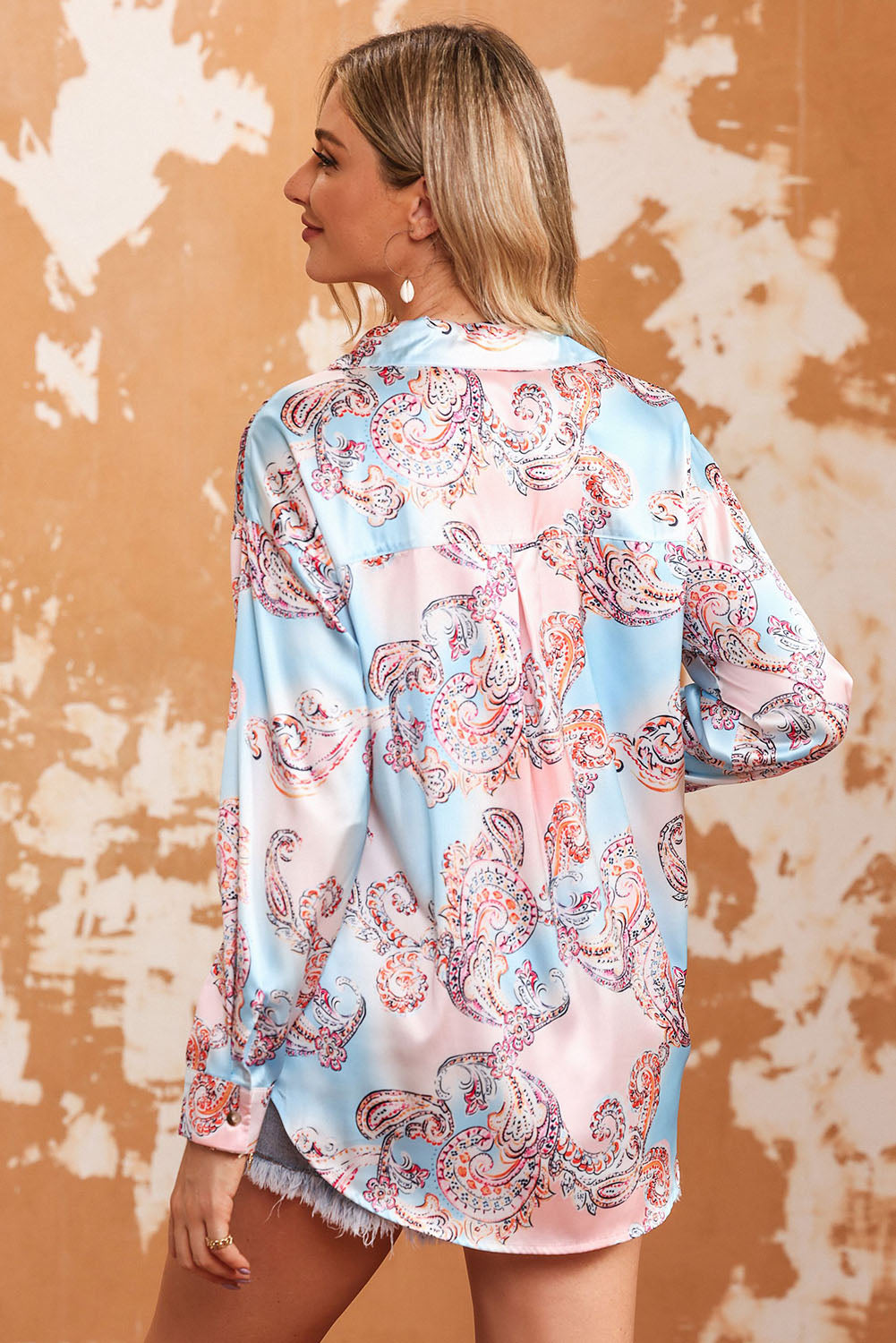 A stylish Boho Print Lantern Sleeve Shirt featuring elegant lantern sleeves and a vintage Paisley print, perfect for various occasions.